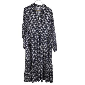 YERSE‎ Navy Blue Geometric Print Shirt Dress Long Sleeve Midi XS ECOVERO Boho